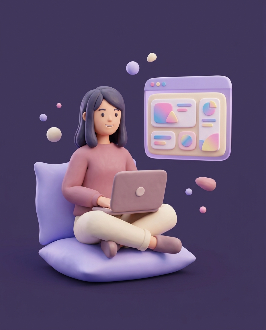 ノートパソコンでAIに指示を出しながら学ぶ女性のイラスト